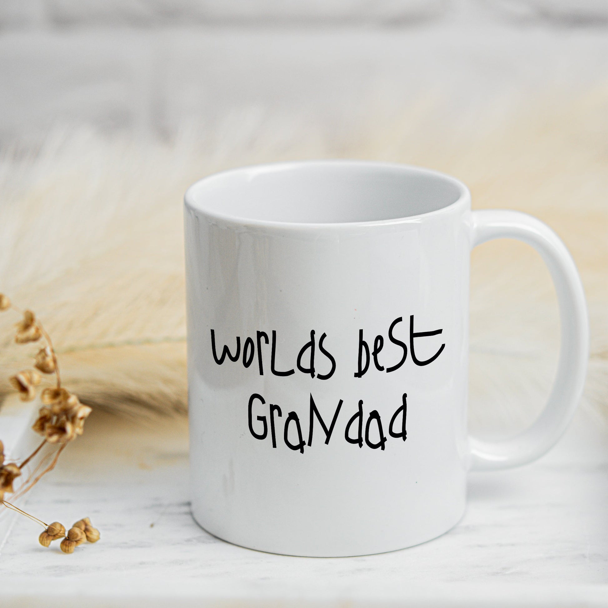 White mug with 'Worlds best Granadad' text in childs own handwriting